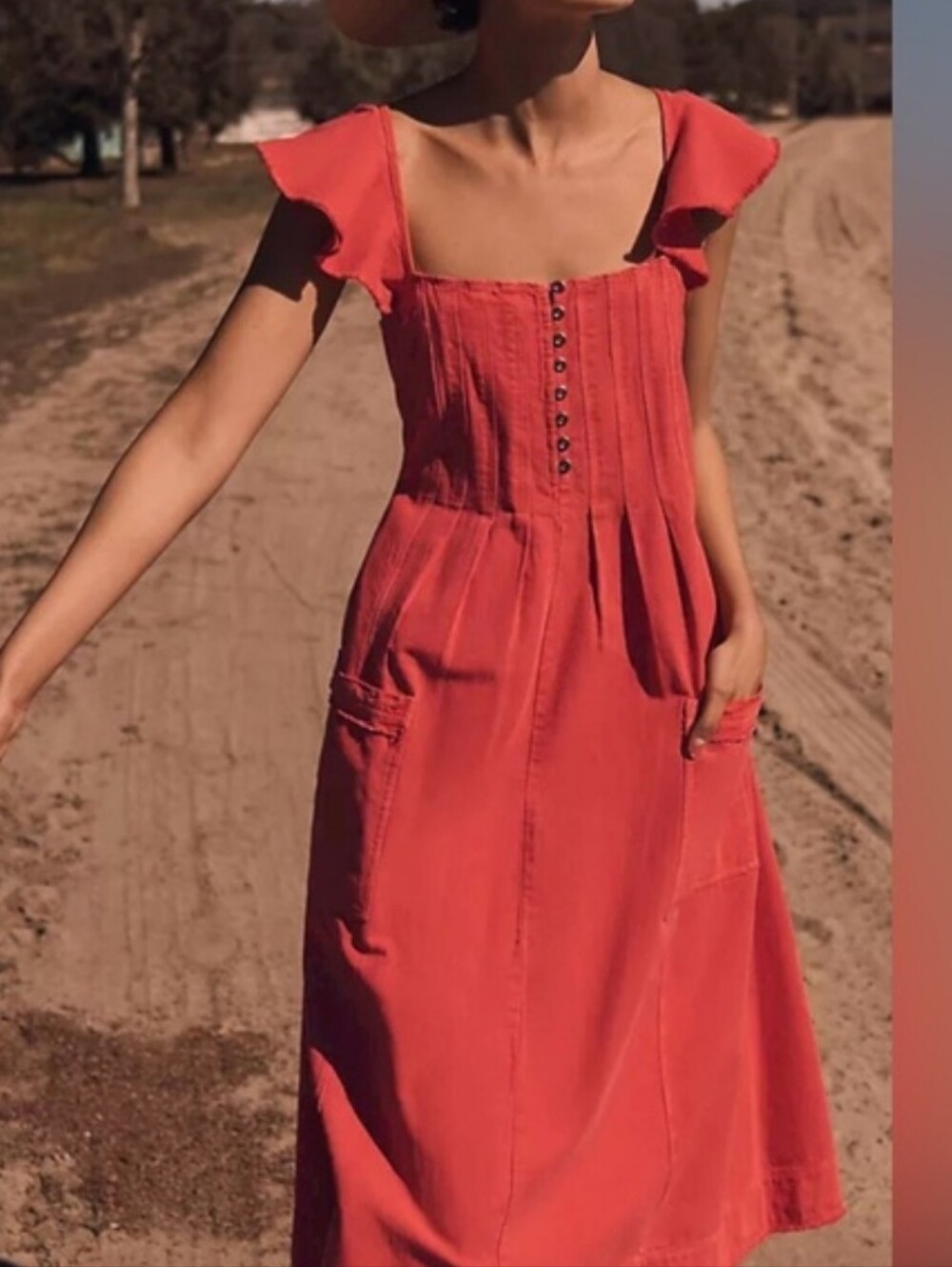Pilcro Coral Flutter Sleeve Midi Dress W/Tie Back Detail Cotton Linen 1X Vacay